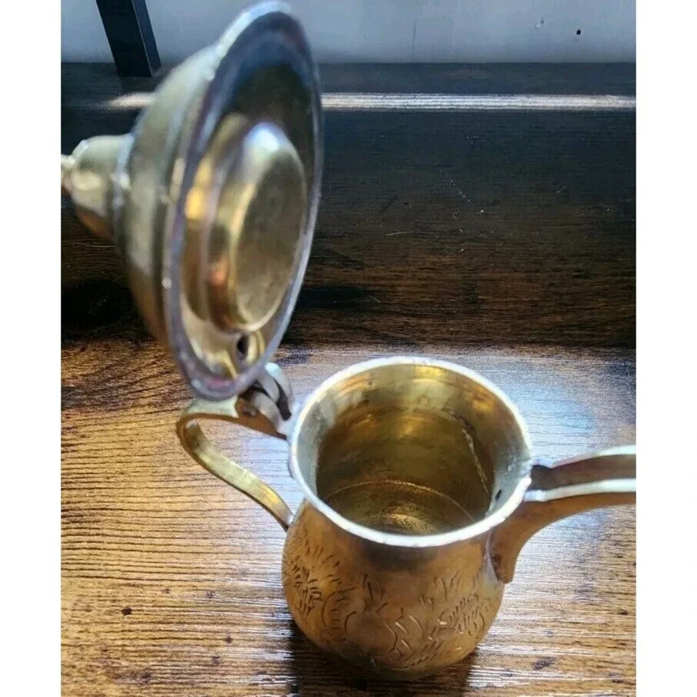 Antique Mini Islamic Middle East Dallah Brass Coffee‎ pot Copper 5" UAE Signed - Picture 4 of 8